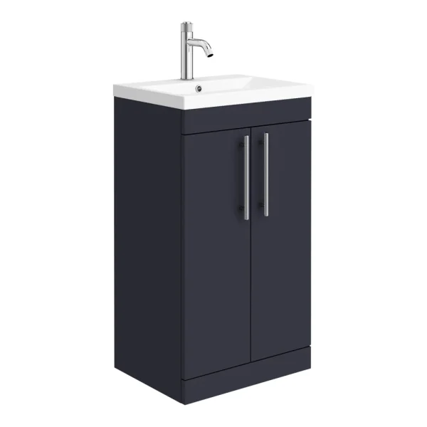 Arezzo Floor Standing Vanity Unit   Matt Blue   500mm with Industrial Style Chrome Handles