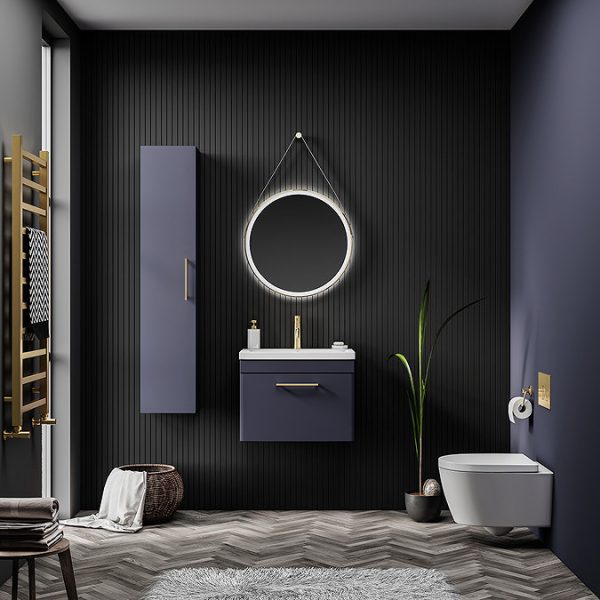 Arezzo 500 Matt Blue Wall Hung 1 Drawer Vanity Unit with Brushed Brass Handle - Image 3