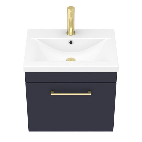 Arezzo 500 Matt Blue Wall Hung 1 Drawer Vanity Unit with Brushed Brass Handle - Image 5