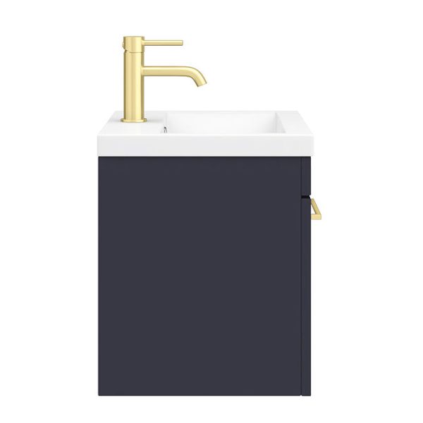 Arezzo 500 Matt Blue Wall Hung 1 Drawer Vanity Unit with Brushed Brass Handle - Image 6