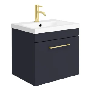 Arezzo 500 Matt Blue Wall Hung 1 Drawer Vanity Unit with Brushed Brass Handle