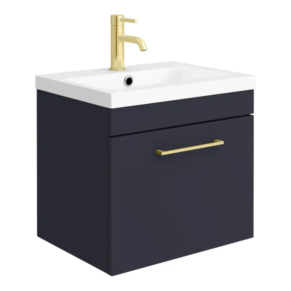 Arezzo 500 Matt Blue Wall Hung 1 Drawer Vanity Unit with Brushed Brass Handle