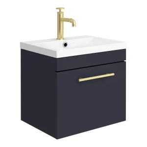 Arezzo Wall Hung Vanity Unit   Matt Blue   500mm with Industrial Style Brushed Brass Handle
