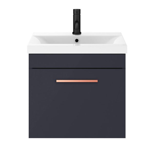 Arezzo 500 Matt Blue Wall Hung 1 Drawer Vanity Unit with Rose Gold Handle - Image 5