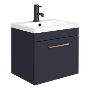 Arezzo 500 Matt Blue Wall Hung 1 Drawer Vanity Unit with Rose Gold Handle