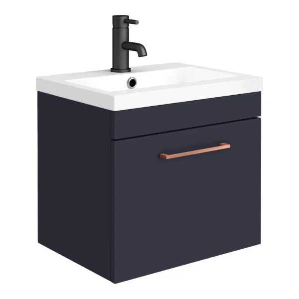 Arezzo 500 Matt Blue Wall Hung 1 Drawer Vanity Unit with Rose Gold Handle