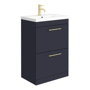 Arezzo 600 Matt Blue Floor Standing 2 Drawer Vanity Unit with Brushed Brass Handles
