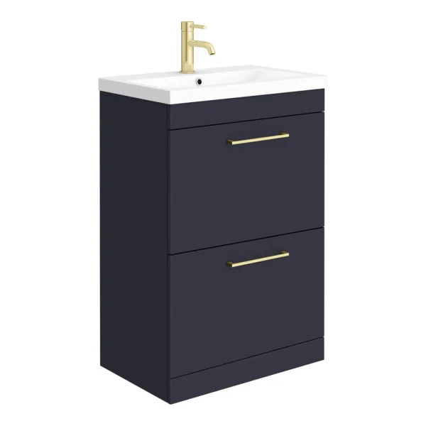 Arezzo 600 Matt Blue Floor Standing 2 Drawer Vanity Unit with Brushed Brass Handles