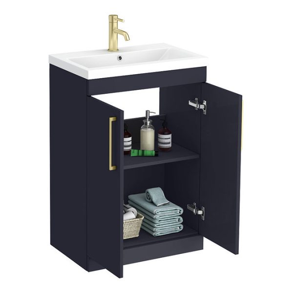 Arezzo 600 Matt Blue Floor Standing Vanity Unit with Brushed Brass Handles - Image 8