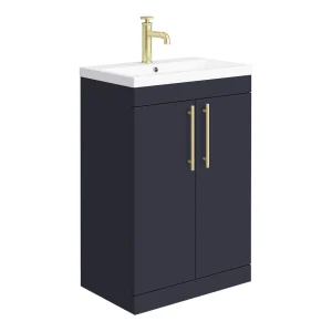 Arezzo Floor Standing Vanity Unit   Matt Blue   600mm with Industrial Style Brushed Brass Handles