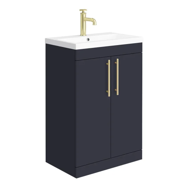 Arezzo Floor Standing Vanity Unit   Matt Blue   600mm with Industrial Style Brushed Brass Handles
