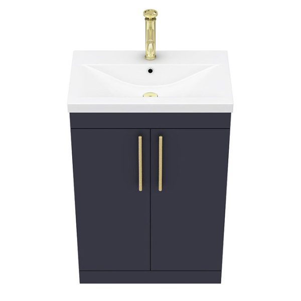 Arezzo Floor Standing Vanity Unit   Matt Blue   600mm with Industrial Style Brushed Brass Handles - Image 6