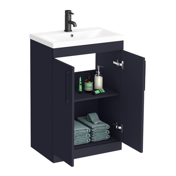 Arezzo 600 Matt Blue Floor Standing Vanity Unit with Matt Black Handles - Image 2