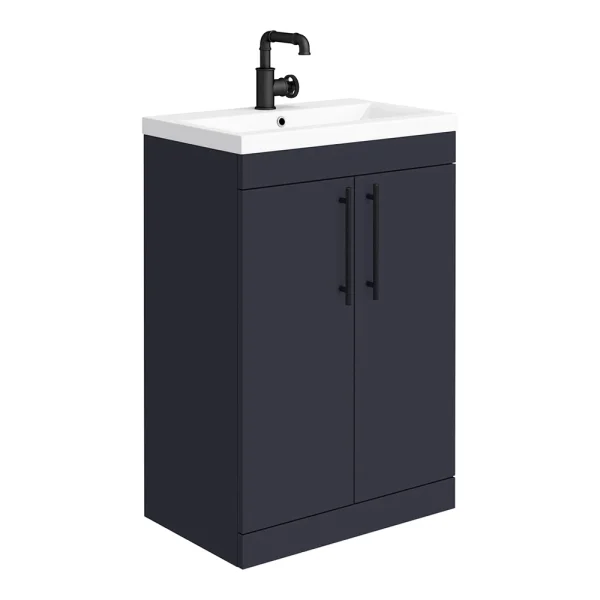 Arezzo Floor Standing Vanity Unit   Matt Blue   600mm with Industrial Style Black Handles