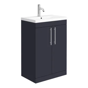 Arezzo Floor Standing Vanity Unit   Matt Blue   600mm with Industrial Style Chrome Handles