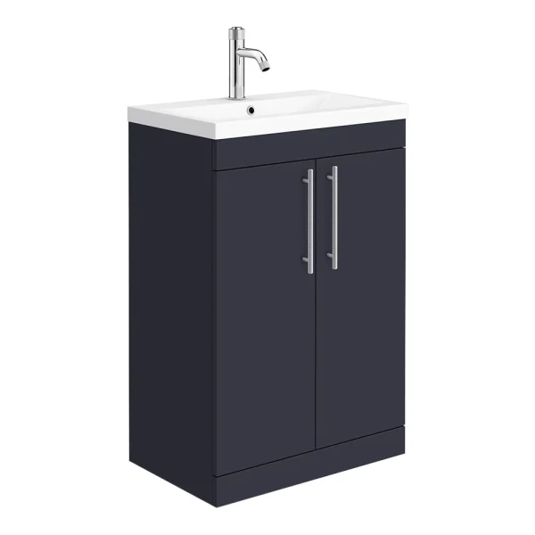 Arezzo Floor Standing Vanity Unit   Matt Blue   600mm with Industrial Style Chrome Handles