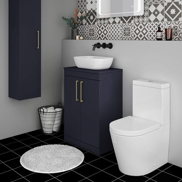 Arezzo Floor Standing Countertop Vanity Unit   Matt Blue   600mm with Brushed Brass Handles - Image 4
