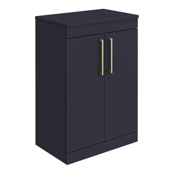 Arezzo Floor Standing Countertop Vanity Unit   Matt Blue   600mm with Brushed Brass Handles