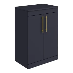 Arezzo Floor Standing Countertop Vanity Unit   Matt Blue   600mm with Industrial Style Brushed Brass Handles