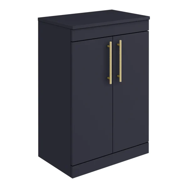 Arezzo Floor Standing Countertop Vanity Unit   Matt Blue   600mm with Industrial Style Brushed Brass Handles