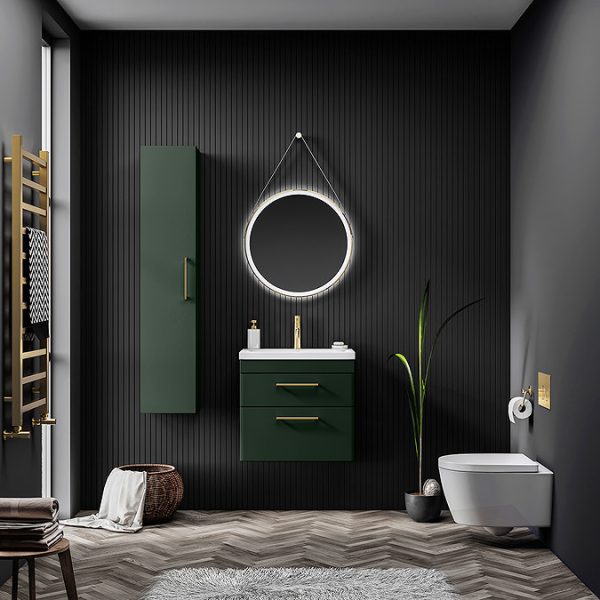 Arezzo 600 Matt Dark Green Wall Hung 2 Drawers Vanity Unit with Brushed Brass Handles - Image 4