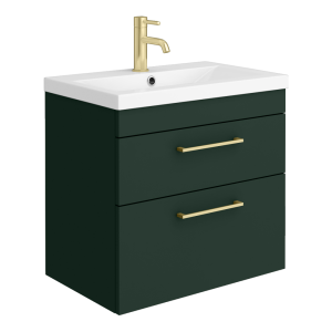 Arezzo 600 Matt Dark Green Wall Hung 2 Drawers Vanity Unit with Brushed Brass Handles