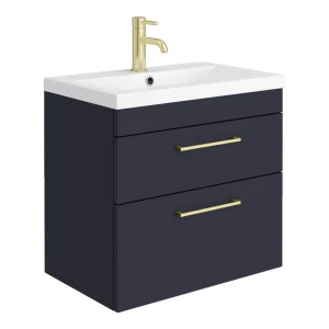 Arezzo 600 Matt Blue Wall Hung 2 Drawers Vanity Unit with Brushed Brass Handles