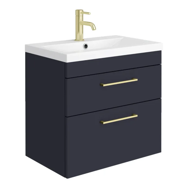 Arezzo 600 Matt Blue Wall Hung 2 Drawers Vanity Unit with Brushed Brass Handles
