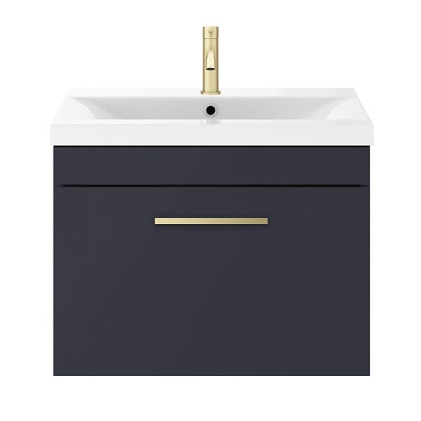 Arezzo 600 Matt Blue Wall Hung 1 Drawer Vanity Unit with Brushed Brass Handle - Image 6