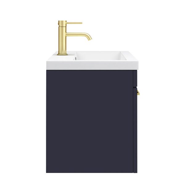 Arezzo 600 Matt Blue Wall Hung 1 Drawer Vanity Unit with Brushed Brass Handle - Image 7
