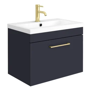 Arezzo 600 Matt Blue Wall Hung 1 Drawer Vanity Unit with Brushed Brass Handle