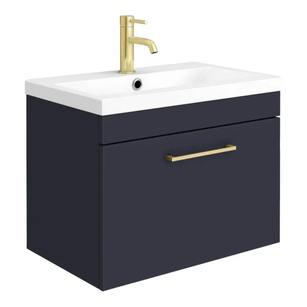 Arezzo 600 Matt Blue Wall Hung 1 Drawer Vanity Unit with Brushed Brass Handle