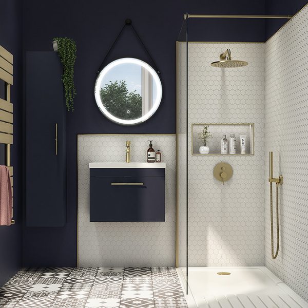 Arezzo Wall Hung Vanity Unit   Matt Blue   600mm with Industrial Style Brushed Brass Handle - Image 5