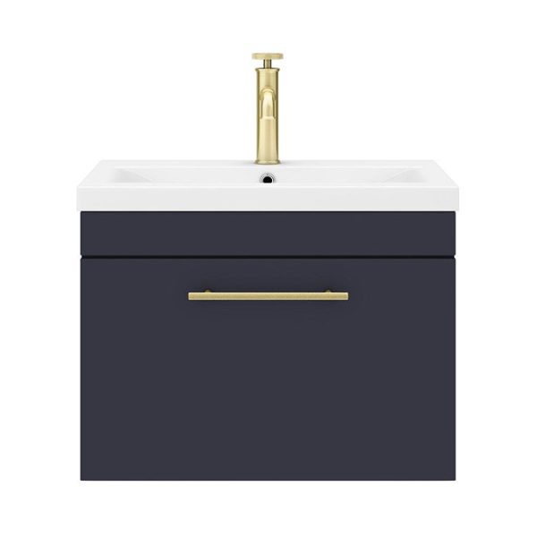 Arezzo Wall Hung Vanity Unit   Matt Blue   600mm with Industrial Style Brushed Brass Handle - Image 6