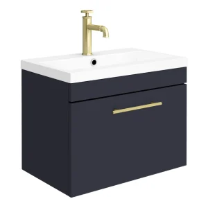 Arezzo Wall Hung Vanity Unit   Matt Blue   600mm with Industrial Style Brushed Brass Handle