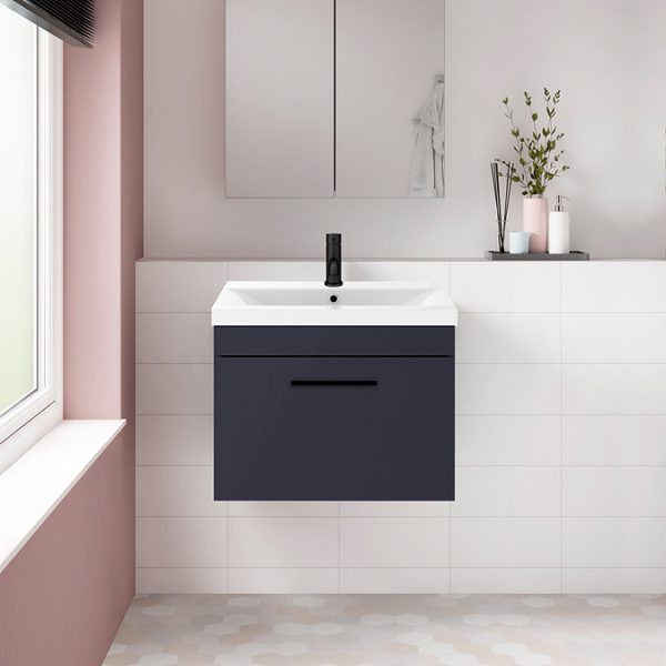 Arezzo 600 Matt Blue Wall Hung 1 Drawer Vanity Unit with Matt Black Handle - Image 4