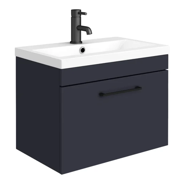 Arezzo 600 Matt Blue Wall Hung 1 Drawer Vanity Unit with Matt Black Handle
