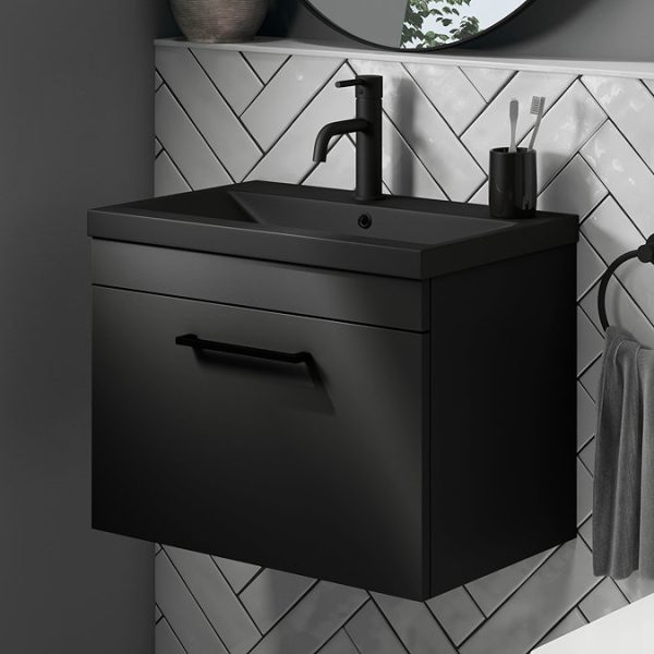 Arezzo 600 Matt Black Wall Hung Vanity Unit with Matt Black Basin + Handle - Image 4