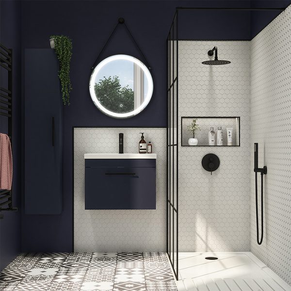 Arezzo Wall Hung Vanity Unit   Matt Blue   600mm with Industrial Style Black Handle - Image 5