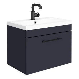 Arezzo Wall Hung Vanity Unit   Matt Blue   600mm with Industrial Style Black Handle