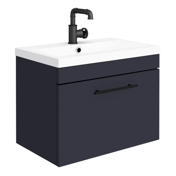 Arezzo Wall Hung Vanity Unit   Matt Blue   600mm with Industrial Style Black Handle