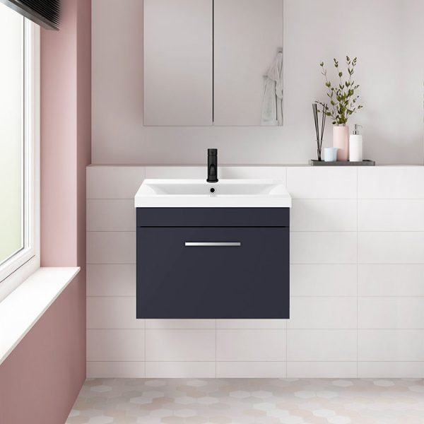 Arezzo 600 Matt Blue Wall Hung 1 Drawer Vanity Unit with Chrome Handle - Image 4