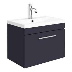 Arezzo Wall Hung Vanity Unit   Matt Blue   600mm with Industrial Style Chrome Handle