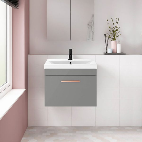Arezzo 600 Matt Grey Wall Hung 1 Drawer Vanity Unit with Rose Gold Handle - Image 4