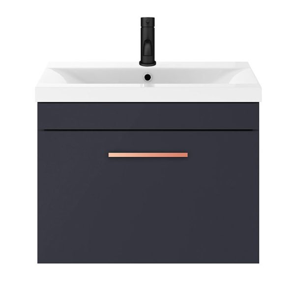 Arezzo 600 Matt Blue Wall Hung 1 Drawer Vanity Unit with Rose Gold Handle - Image 2