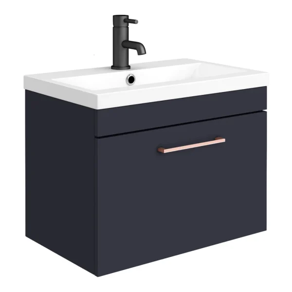 Arezzo 600 Matt Blue Wall Hung 1 Drawer Vanity Unit with Rose Gold Handle