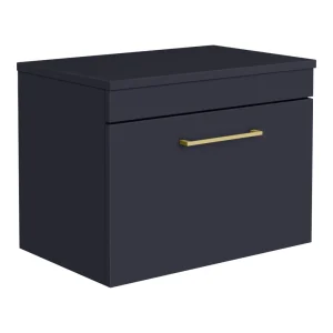 Arezzo Wall Hung Countertop Vanity Unit   Matt Blue   600mm with Brushed Brass Handle