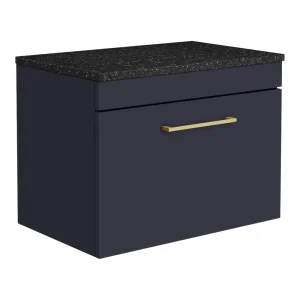 Arezzo Wall Hung Countertop Vanity Unit   Matt Blue   600mm with Black Worktop & Brushed Brass Handle