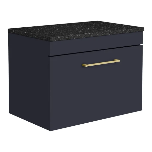 Arezzo Wall Hung Countertop Vanity Unit   Matt Blue   600mm with Black Worktop & Brushed Brass Handle