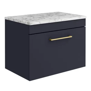 Arezzo Wall Hung Countertop Vanity Unit   Matt Blue   600mm w. Matt White Marble Worktop & Brass Handle